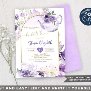 Editable purple floral bridal shower tea invitation, lilac gold bride to be bridal shower, lavender roses bridal shower high tea invite B6 image 4