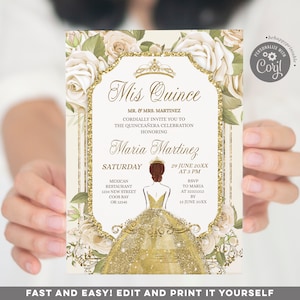 Witte rozen bloemen prinses uitnodiging quinceanera, 15e meisje verjaardagsuitnodiging, gouden kroonlijst, Mis Quince 15 Anos uitnodigen, s236