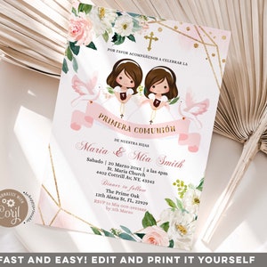 Convite de primeira comunhão EDITÁVEL para meninas gêmeas espanholas, com flores rosas e florais, elegante batismo com flores douradas, primeira comunhão com glitter dourado, Z95