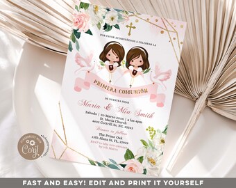 EDITABLE Spanish Twin Girl Pink Floral Girl Primera comunion invitation, Elegant Chistening Gold Flowers, 1st Communion Gold Glitter, Z95