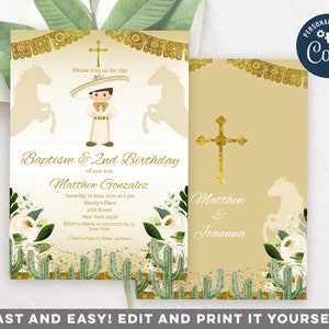 Convite editável dourado e branco para 2º aniversário e batismo, convite Charro espanhol para menino Bautizo, convite de batizado mexicano com flores brancas, S123