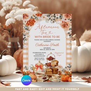 EDITABLE Afternoon Tea party Bow Orange Pumpkin autumn Bridal Shower Gingham invitation, Fall Floral Time for Tea with the bride to be, ZL13