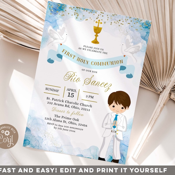 EDITABLE Blue and Gold boy First communion Invitation, Blue Watercolor Primera Comunion Invite, Any Religious Event, Christening invite, Z90
