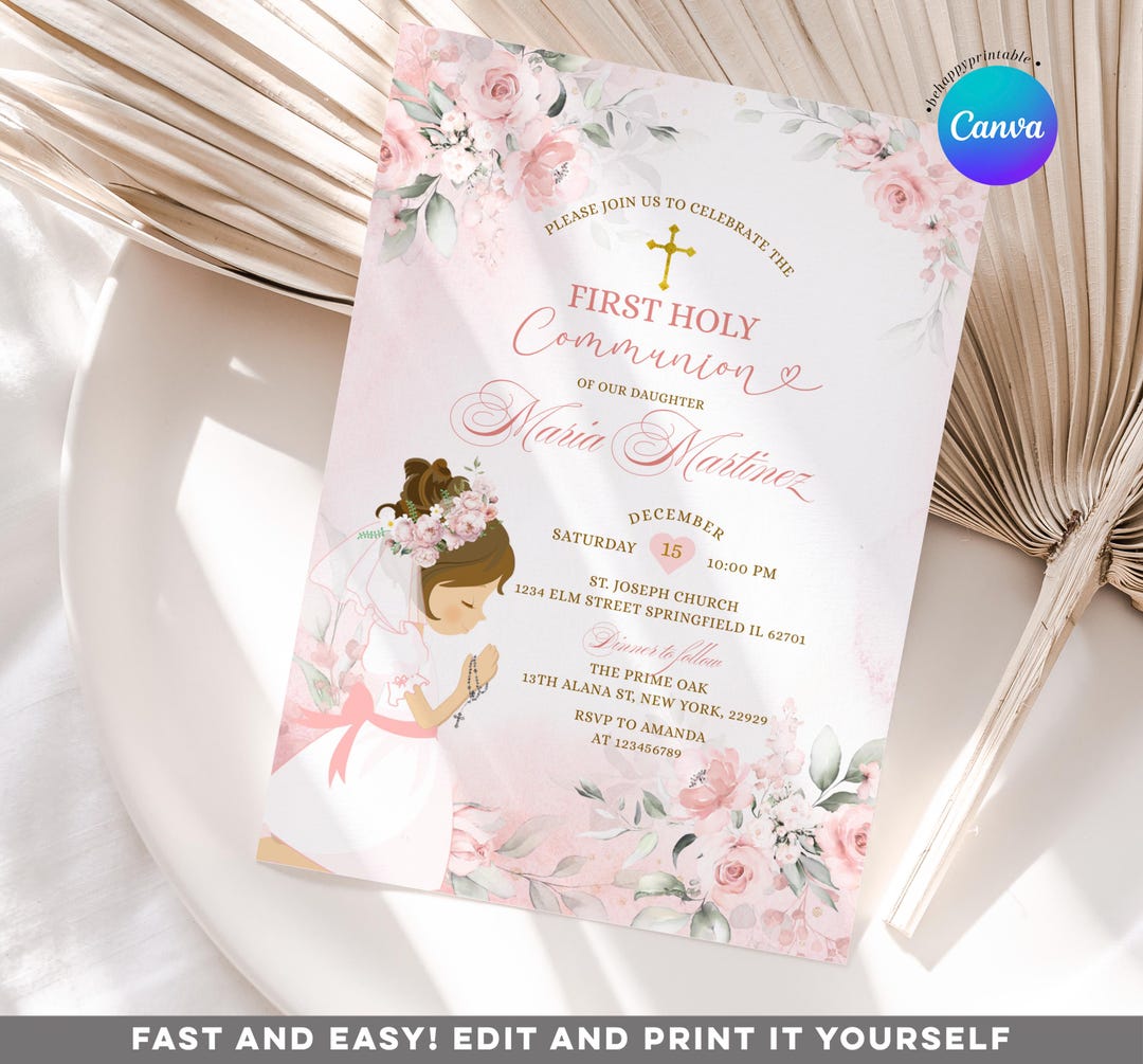 EDITABLE Blush Pink Floral First Holy Communion Invitation, Dusty Pink ...
