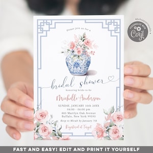 May include: A blue and white porcelain vase with pink flowers, a blue and grey border, and the text "bridal shower" in cursive. The text "honoring bride-to-be Michelle Anderson" is below the vase. The invitation includes the date, time, address, RSVP information, and the text "Registered at Target".
