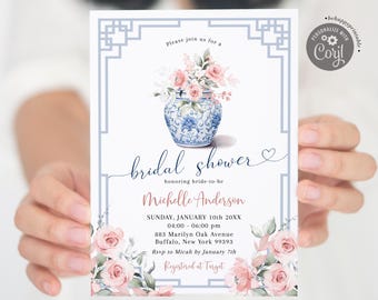 Invitación editable para despedida de soltera en tarro de jengibre rosa, invitación floral para despedida de soltera con jardín chinoiserie rosa, invitación floral para despedida de soltera con toile francés rosa Z171