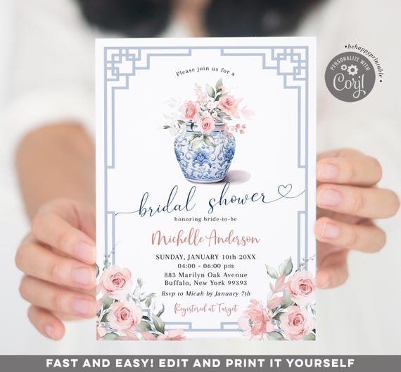 Editable pink ginger jar bridal shower invitation, pink chinoiserie garden floral bridal shower, pink french toile floral bridal invite Z171