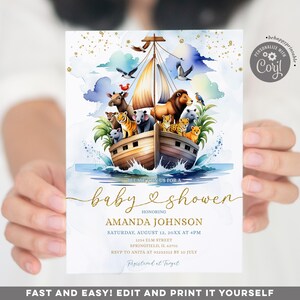 Könnte beinhalten: Eine blaue und weiße Babyparty-Einladung mit einer Aquarell-Illustration eines Bootes mit Tieren aus Noahs Arche. Der Text lautet: "Bitte feiern Sie mit uns eine Babyparty zu Ehren von Amanda Johnson. Samstag, 12. August 20XX um 16:00 Uhr. 1234 Elm Street, Springfield, IL 62701. RSVP an Anita unter 98232312 bis zum 10. Juli. Registriert bei Target."