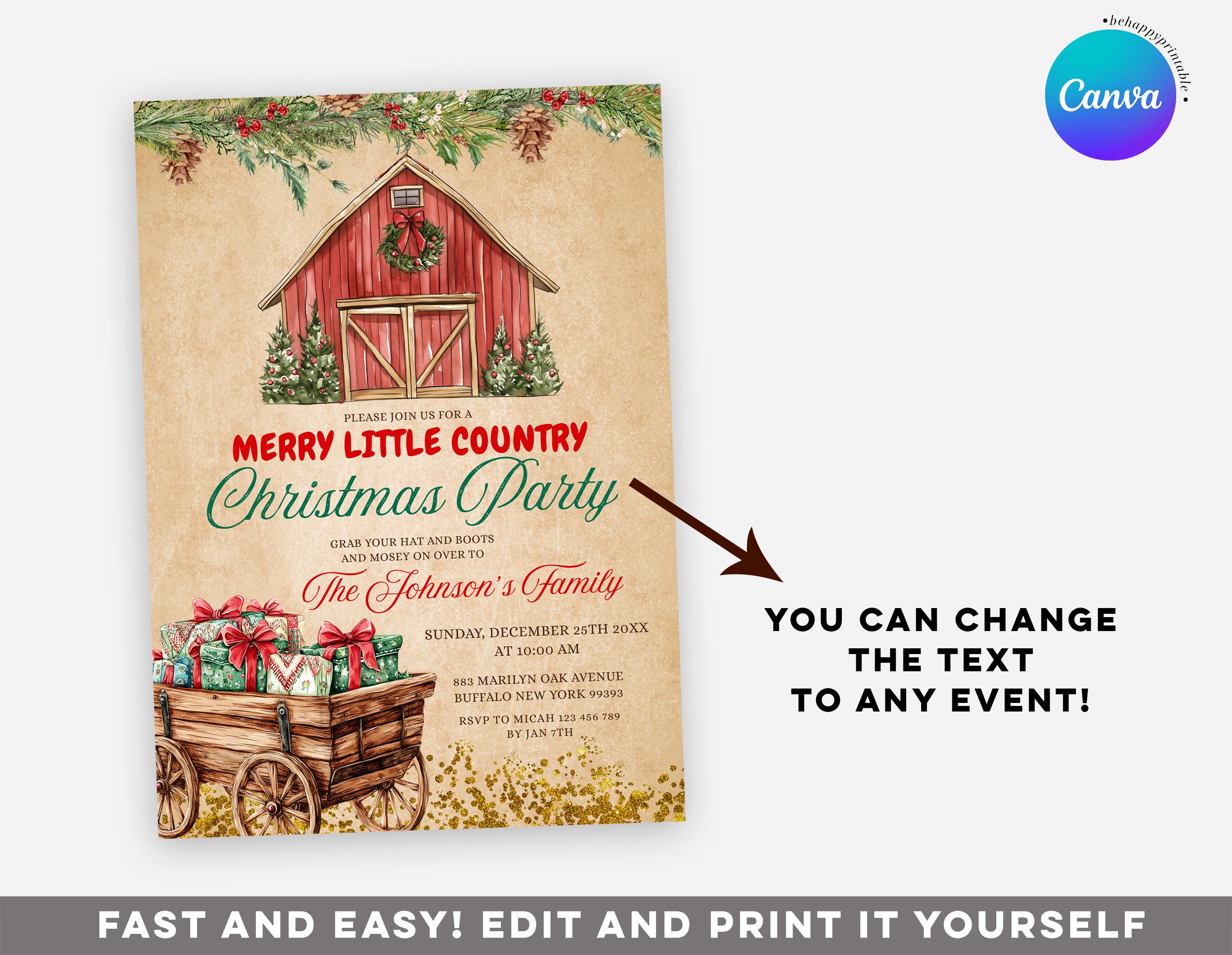 EDITABLE Rustic Barn Merry Little Country Christmas Party Invitation ...