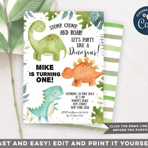 First Birthday Dinosaur Invitation, stomp chomp and roar invitation, 2nd birthday dinosaur party invite, dino theme birthday party, EV75