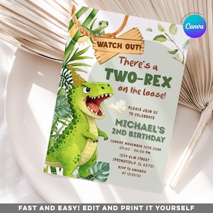 May include: A birthday party invitation with a green dinosaur illustration. The invitation reads "There's a TWO-REX on the loose!" and includes party details. The design features tropical leaves and a small lizard.