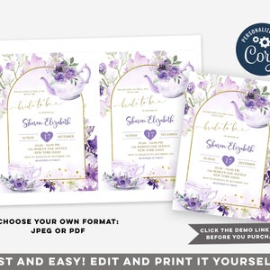 Editable purple floral bridal shower tea invitation, lilac gold bride to be bridal shower, lavender roses bridal shower high tea invite B6 image 3