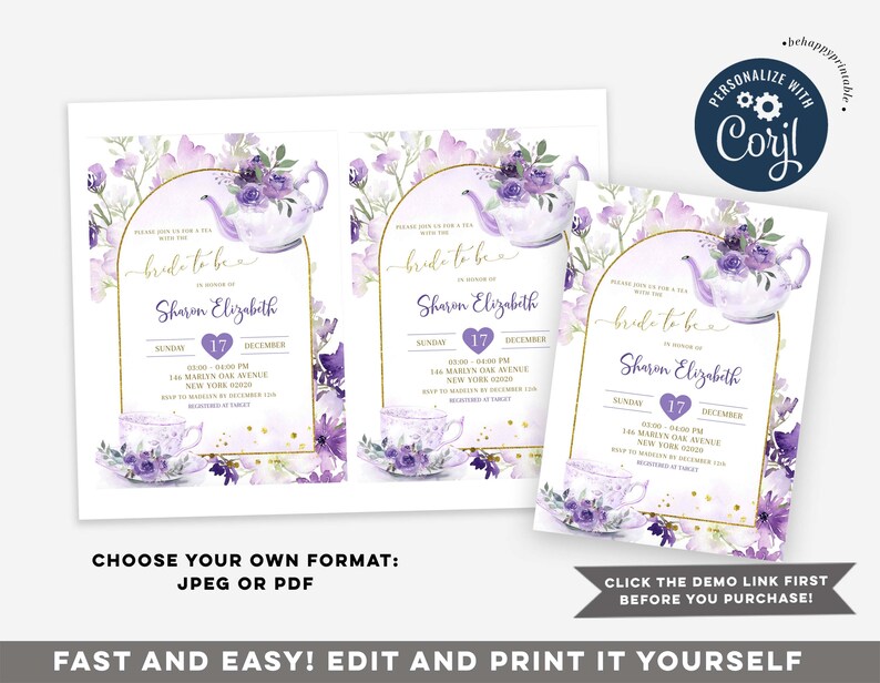 Editable purple floral bridal shower tea invitation, lilac gold bride to be bridal shower, lavender roses bridal shower high tea invite B6 image 3