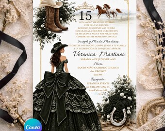 Spanish Black Floral Charro Princess Sweet 15 Años Dress Invitation, Cowboy Boots Horses Mis Quince Gold Girl Western Quinceañera, S255