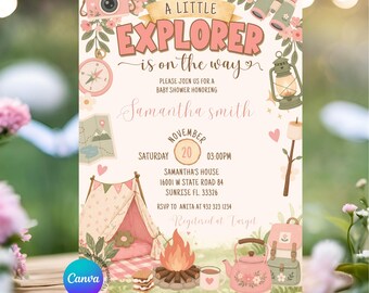 Editable Boho Pink Little Explorer is on the way Girl Baby Shower Invitation, Cute Girl Camping Baby Shower, Pink Glamping Woodland, ZLC08