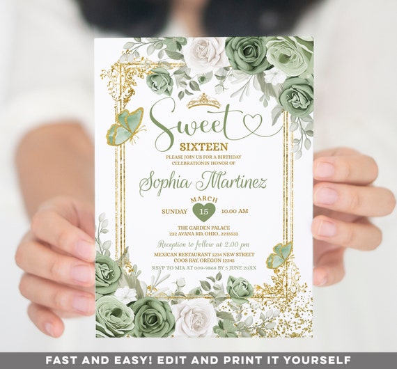Editable Sweet 16th Sage Green & Gold Birthday Invitation, Sage Green Butterfly Quinceañera Gold Crown Sweet Sixteen Butterfly invite, S385