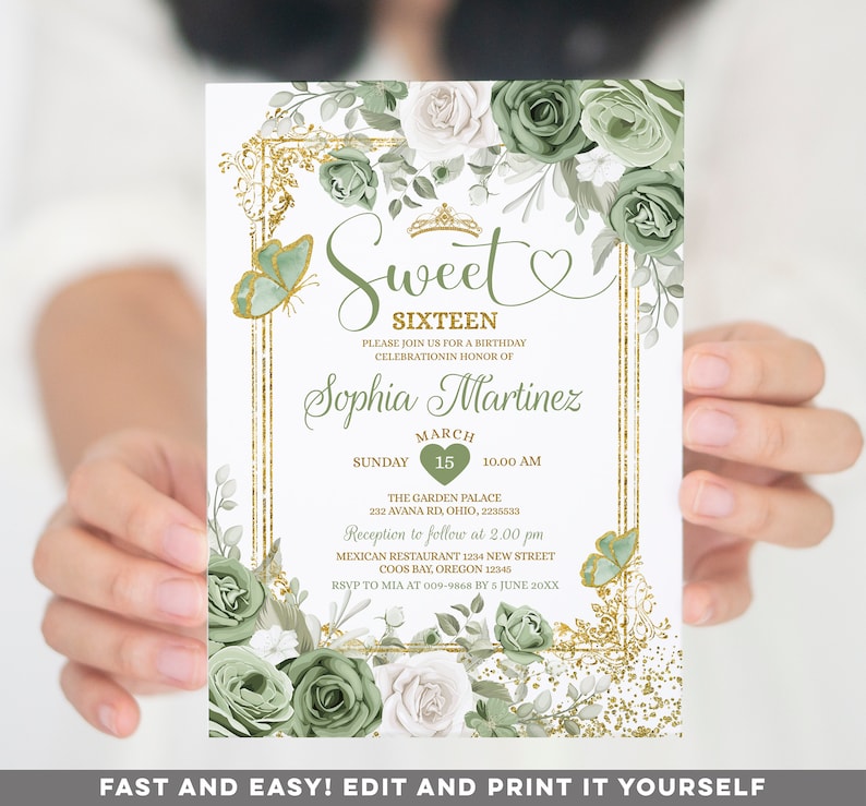 May include: A green and white floral invitation with gold accents for a Sweet Sixteen birthday party. The invitation features the text "Sweet Sixteen" and "Sophia Martinez" with a date of March 15th. The invitation also includes the time and location of the event, as well as the RSVP information.