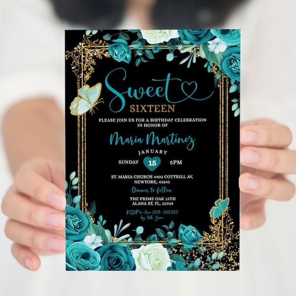 Editable Sweet Sixteen Aqua Teal Birthday Black Background Invitation, Blue Butterfly Quinceañera Gold Glitter 16th Birthday invite, S385