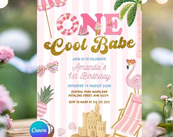 Editable Pink Stripe One cool babe beach Party girl Birthday Invitation, Fun Summer Swim Party Neutral Invite, 1st Birthday Beach Party Z101