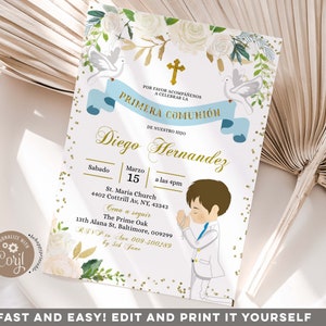 EDITABLE  Primera Comunion Little Boy Praying First Invitation, White Flowers 1st Holy Communion Invite, Christening Holy Communion, Z90