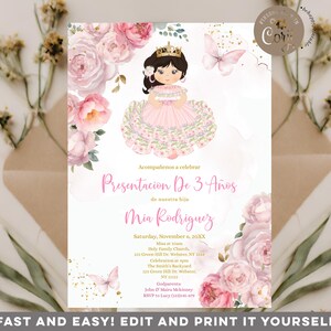 Editable Pink Presentación de tres años invitación niña, Elegant Pink Flowers Cute Girl 3rd Birthday Mexican Gold Crown Glitter invite, S512