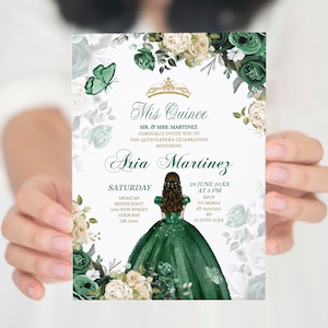 Editable Emerald Green Quinceanera invitations, Elegant Mexican Green & White Floral quinceañera, Butterfly sweet 15 Mis quince invite, S444