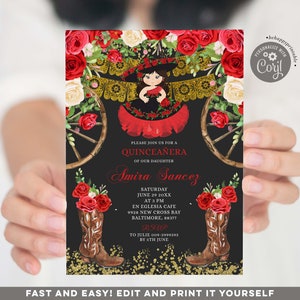Editable Western Black and Red Rose Mis Quince Invitation, Floral western boots Quinceañera invite, fiesta sweet 15th spanish invite Z112
