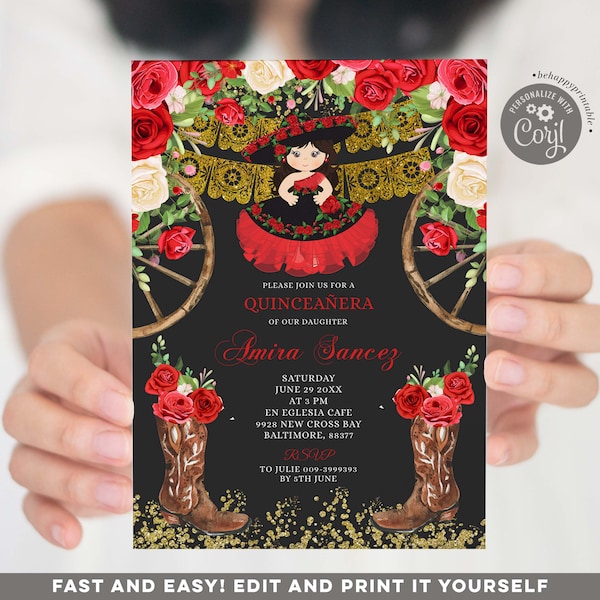 Editable Western Black and Red Rose Mis Quince Invitation, Floral western boots Quinceañera invite, fiesta sweet 15th spanish invite Z112