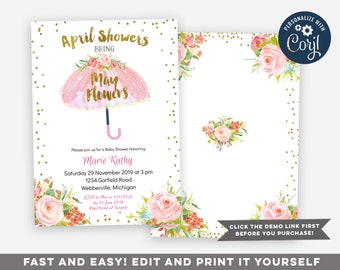 April Showers Bring May Flowers Invitation, April Baby Shower invite, Spring floral Baby Shower invitation, umbrella baby shower invitation