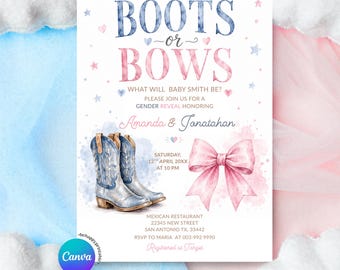 Editable Boots or Bows Wild West Gender Reveal Invitation, Elegant Bow Pink or Boots Blue, Cute Cowboy or Cowgirl Gender Reveal Invite, S616