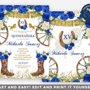 Editable Western Royal Blue & Gold Quinceañera Invitation, Floral western boots Quinceañera mexican invite, Gold horse charra invite Z112