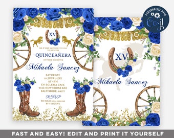 Editable Western Royal Blue & Gold Quinceañera Invitation, Floral western boots Quinceañera mexican invite, Gold horse charra invite Z112