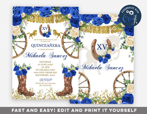 Elegant Blue Dress Quinceanera Invitations With Gold Personalized