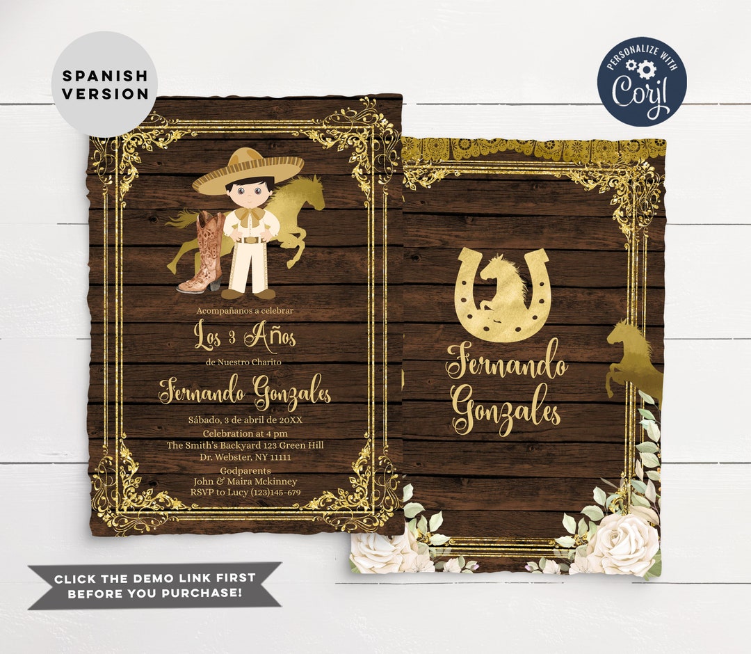Madera Rústica Tres años invitación niño, Editable Gold Charro Tres ...