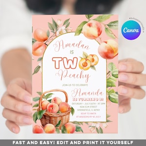 Editable Girl Peach 2nd Birthday Invitation, Elegant Summer Two Peachy Second Birthday invite, Sweet Peach Birthday Party Green Floral, Z174