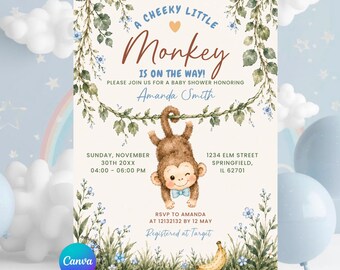 Editable Blue Cheeky Little Monkey Is On The Way Baby Shower Boy Invitation, Jungle Animal Baby Shower, Gender Neutral Safari Animal, BB4