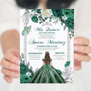 Convite de aniversário editável Mis Quince verde esmeralda e prata, convite elegante de princesa mexicana para 16 anos, festa de 16 anos para meninas espanholas, S385