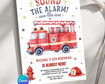 EDITABLE Red Sound the alarm and Grab your gear Fire Truck Boy Birthday  invitation, Kid's Birthday Fire Firefighter Station invite, S614