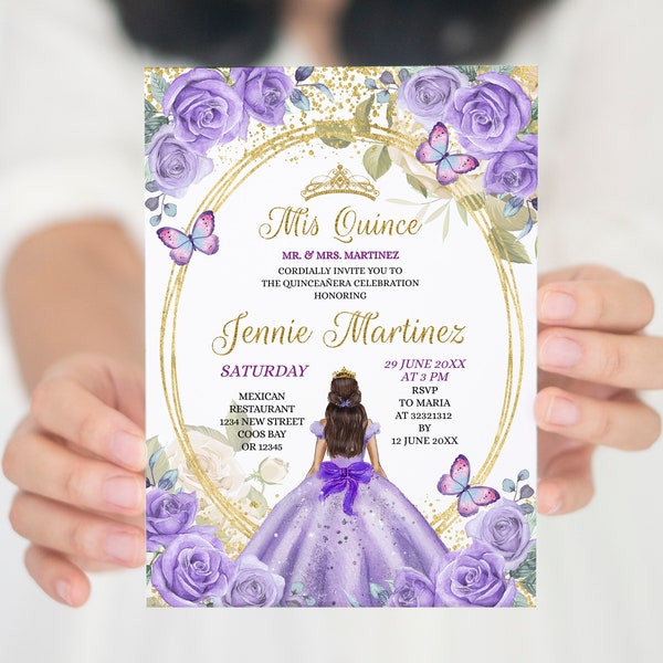 Editable Gold & Purple Mis Quince Invitation, Purple princess Dresses Quiñceanera Mexican birthday, Lavender floral butterfly invite, S445