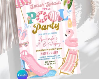 Editable Splish Splash Pink Stripe Pool party girl Birthday Invitation, Summer Swim Party Neutral Invite, Any Age Birthday Pool Party, Z101