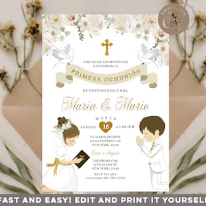 Invitación editable para Primera Comunión de gemelos, niño y niña, elegante invitación con flores blancas, dorada para Primera Comunión de niño y niña, S219
