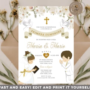 EDITABLE Twin boy and girl sibling Primera comunión Invitation, Elegant Chistening White Flowers Invite, Gold 1st Boy Girl Communion, S219