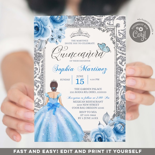 Invitación editable princesa plateada y azul Quinceañera, elegantes flores azules pastel mexicanas, invitación Charra 15 cumpleaños Anos Girl, S243