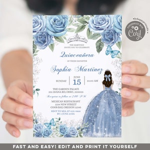 Editable Dusty Blue Mexican Girl Charra Mis Quince Invitation, Elegant blue mexican girl sweet 15th, Blue dress spanish girl sweet 15th S396