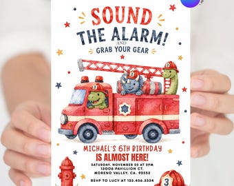 EDITABLE Dinosaur Red Sound the alarm and Grab your gear Fire Truck Boy Birthday  invitation, Kid's Birthday Fire Firefighter Station, S614