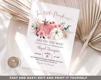 Editable Boho Twin Pink and White Pumpkin Baby Shower Invitation, two little pumpkins are on the way , white & pink pumpkin baby shower Z127