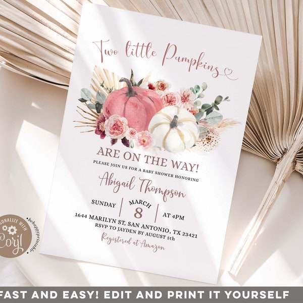 Editable Boho Twin Pink and White Pumpkin Baby Shower Invitation, two little pumpkins are on the way , white & pink pumpkin baby shower Z127