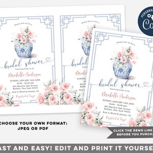 May include: A printable bridal shower invitation featuring a blue and white porcelain vase with pink flowers. The invitation has a light blue and white geometric border and the text "bridal shower" in a cursive font. The text "honoring bride-to-be Michelle Anderson" is in a pink font. The invitation includes the date, time, location, RSVP information, and registry information.