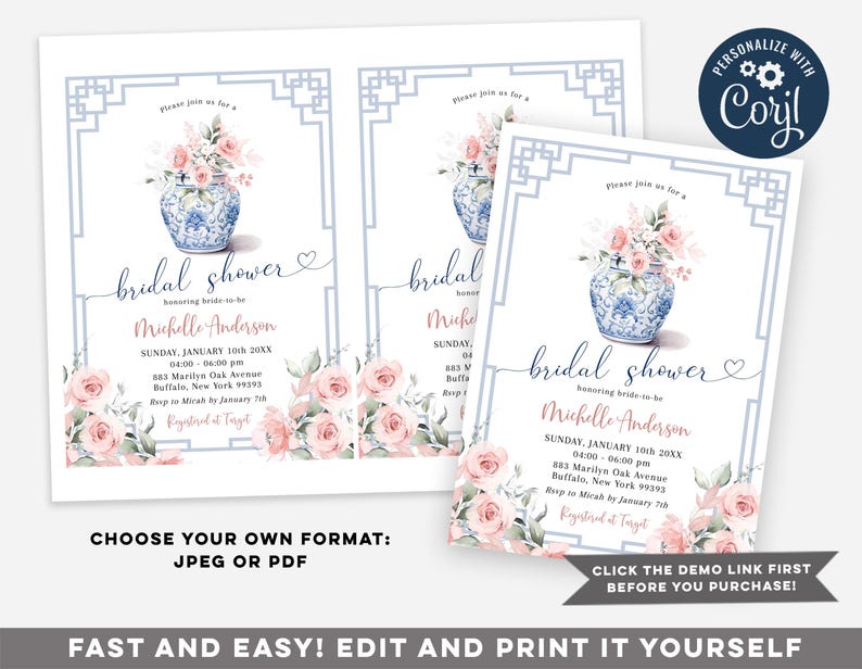 May include: A printable bridal shower invitation featuring a blue and white porcelain vase with pink flowers. The invitation has a light blue and white geometric border and the text "bridal shower" in a cursive font. The text "honoring bride-to-be Michelle Anderson" is in a pink font. The invitation includes the date, time, location, RSVP information, and registry information.