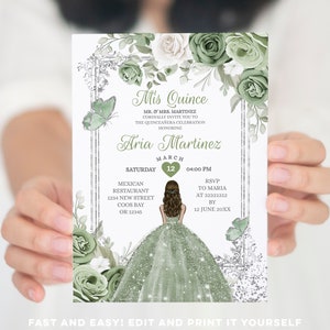Editable Dusty Green & Silver Mexican Princess 15 Anos Mis Quince Invitation, spanish girl Quinceañera butterfly 16th birthday Invite, S385